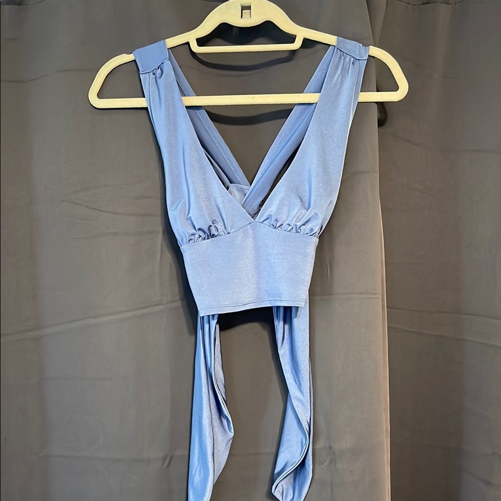 Urban Outfitters Blue Sleeveless Crop Top with Tie Front